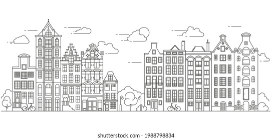 Amsterdam old style houses. Typical dutch canal houses lined up near a canal in the Netherlands. Building and facades for Banner or poster. Vector line art illustration.