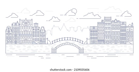 Amsterdam old style houses. Typical dutch canal homes lined up near a canal in the Netherlands. Building and facades on bridge. Vector outline illustration.