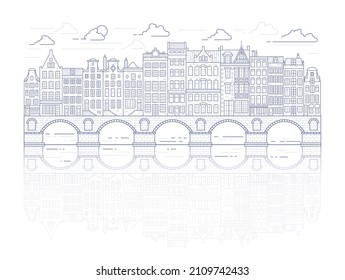 Amsterdam old style houses. Typical dutch canal homes lined up near a canal in the Netherlands. Building and facades on bridge. Vector outline illustration.