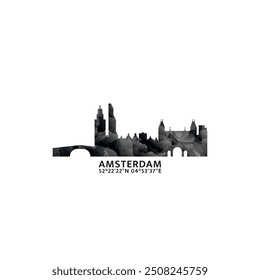 Amsterdam panorama, vector badge, skyline logo and icon. Netherlands, Holland capital city horizon logotype with landmarks and building silhouettes. Isolated foggy abstract gradient graphic