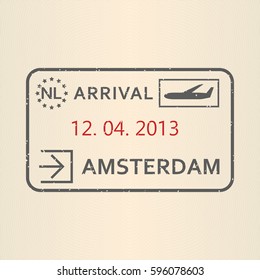 Amsterdam passport stamp. Travel by plane visa or immigration stamp. Vector illustration.