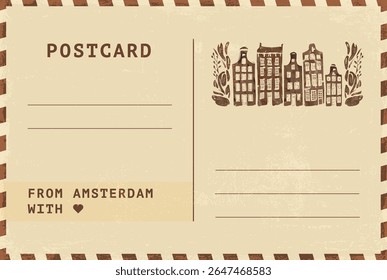 Do modelo de cartão postal de Amsterdã. Ilustração de cartão postal estilo vintage grungy vetor com selo, marcos, mensagem. Layout de imagem simples de saudações simples
