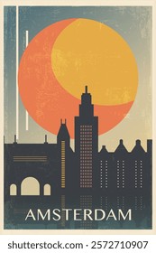 Amsterdam retro city poster with abstract shapes of skyline, buildings. Netherlands, Holland vintage travel vector illustration, cityscape at sunrise, sunset