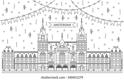 Amsterdam Rijksmuseum in the Netherlands. Vector illustration of medieval holland castle in flat line style with flags and decorations. Concept for tourist guides, books, advertising design pieces.