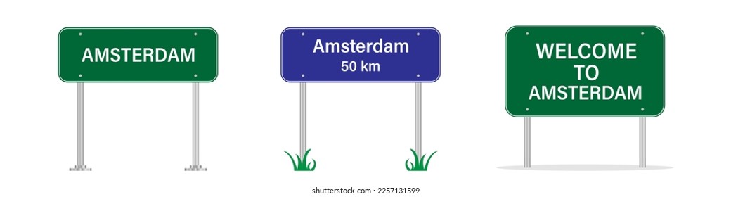 Amsterdam road sign. Entering Amsterdam. The sign on road. Welcome to Amsterdam. Vector image
