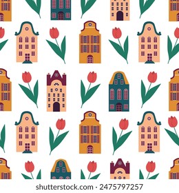 Amsterdam. Seamless pattern with old historic buildings of Netherlands. houses with tulip flowers.