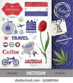 AMSTERDAM SET. Design elements. Set scenery, map, flag, icon. Seamless background