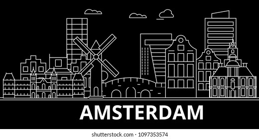 Amsterdam silhouette skyline. Netherlands - Amsterdam vector city, dutch linear architecture, buildings. Amsterdam travel illustration, outline landmarks. Netherlands flat icon, dutch line banner