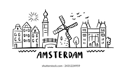 Amsterdam Sketch City Skyline mit Typografie. Vektor-Stadtbild mit berühmten Sehenswürdigkeiten. Illustration für Drucke auf Taschen, Poster, Karten.