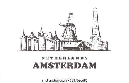 Amsterdam sketch skyline. Netherlands, Amsterdam hand drawn vector illustration. Windmills of the Zaanse Schans and Dam Square, the Castle Muiderslot. Isolated on white background. 