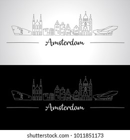 Amsterdam skyline with buildings and monuments of the city. Doodle style. Vector illustration.