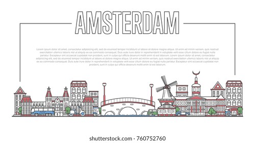 Amsterdam skyline. European journey to Amsterdam invitation poster. Linear city landmark panorama on white background vector illustration
