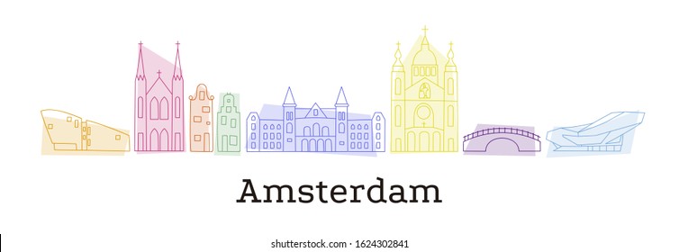 Amsterdam skyline with famous buildings of the city. Colorful doodle style.