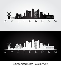 Skyline und Wahrzeichen von Amsterdam Silhouette, Schwarz-Weiß-Design, Vektorgrafik.