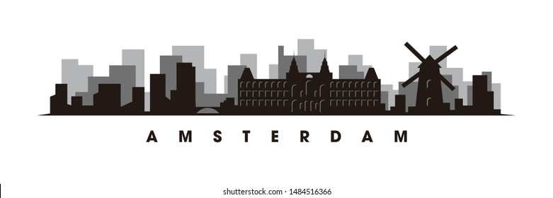 Amsterdam skyline and landmarks silhouette vector