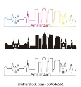 Amsterdam skyline linear style with rainbow in editable vector file