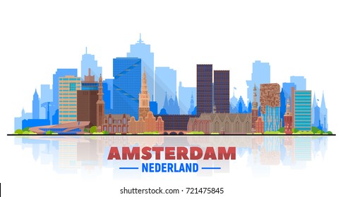 Amsterdam Skyline mit Panorama auf weißem Hintergrund. Vektorgrafik. Business Reise und Tourismus Konzept mit modernen Gebäuden. Bild für Präsentation, Banner, Website.