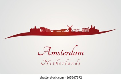 Amsterdam skyline in red and gray background in editable vector file