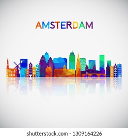 Die Skyline-Silhouette in Amsterdam im bunten geometrischen Stil. Symbol für Ihr Design. Vektorgrafik.