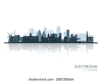 Amsterdam skyline silhouette with reflection. Landscape Amsterdam, Netherlands. Vector illustration.