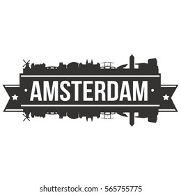 Amsterdam Skyline Stamp Silhouette. Reflection Landscape City Design. Vector Cityscape Icon.  