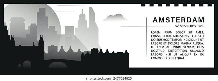 Amsterdam skyline vector banner, black and white minimalistic cityscape silhouette. Netherlands, Holland capital horizontal graphic, travel infographic, monochrome layout for website