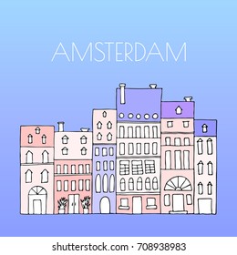 Amsterdam skyline. Vector illustration of Dutch houses. Template for tourist guides and books, banners, flyers, graphic and web design.