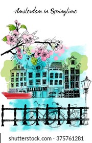 Amsterdam in Springtime. watercolor vector background