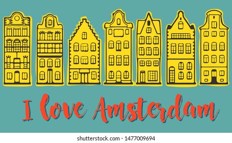 Amsterdam street. Street red-light district. Travel, tourism in Europe. Cartoon architecture. Vector illustration of European houses. 