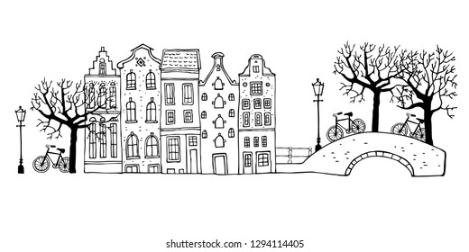 Amsterdam street scene. Vector outline sketch hand drawn illustration. Houses with bridges, lanterns, trees and bicycles isolated on white background