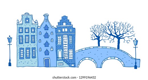 Amsterdam street scene. Vector outline sketch hand drawn illustration. Three houses with bridge, lantern, trees  in colors of blue porcelain paints isolated on white background