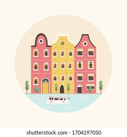 Amsterdam street with traditional buildings and water canal. Vector illustration in a flat style