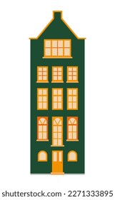 Amsterdam style house. Silhouette of row typical dutch canal house at Netherlands. Stylized facade of old building. Wood carving, paper cut vector template. Background element for banner, card.