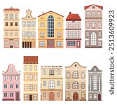 Amsterdam style houses - old town facade. Cute vector drawings of various authentic historical buildings, Europen architecture for travel postcards and tourist greeting cards