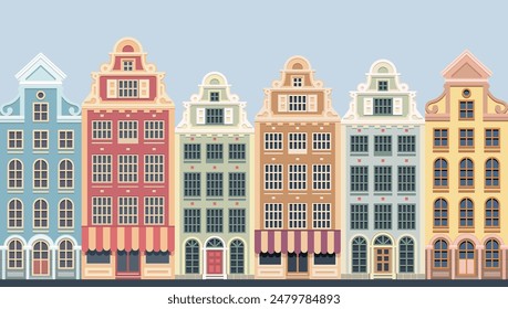 Amsterdam style houses. Silhouette of a row of typical Dutch canal view at Netherlands. Stylized old buildings. Background for banner, card.