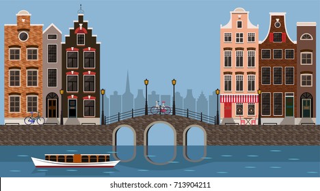 Amsterdam traditional houses view with bridge, canal and boat, old city center. Vector illustration, flat design template