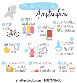 Amsterdam. Travel guide. To do list. Things to do in Amsterdam. Travel Amsterdam.Vector illustration.