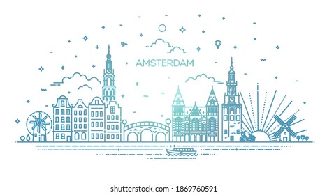Amsterdam travel landmark of historical building thin line icon