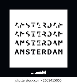 Amsterdam typography minimalist vector image for sticker, logo, icon layout. Square shape print image template with text, black and white for Netherlands city