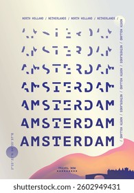 Amsterdam typography minimalist vector poster layout. Brochure, leaflet, flyer, advertising image template with text, multicolors for Netherlands city. Event, festival, cover graphic