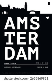 Amsterdam typography minimalist vector poster for national Holland festival, independence day, holiday layout. Brochure, leaflet, flyer, presentation monochrome image template for Netherlands city