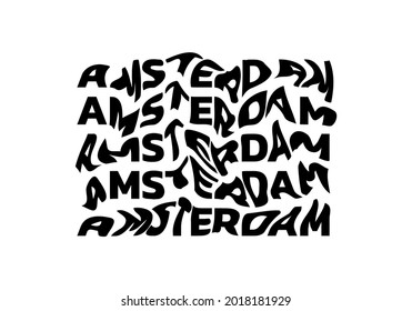 Amsterdam typography text or slogan with wavy letters. T-shirt graphic with ripple or glitch effect. Abstract print, banner, poster, emblem design. Vector illustration.