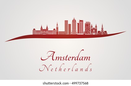 Amsterdam V2 skyline in red and gray background in editable vector file