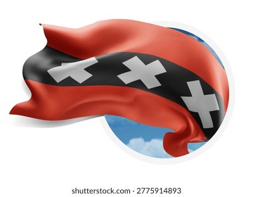 Amsterdam, vector 3d flag against a blue sky, through a round hole on a white background
