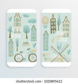 Amsterdam vector design with houses, windmill, tulip and hot air balloon