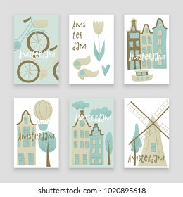 Amsterdam vector design with houses, windmill, tulip and hot air balloon