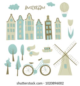 Amsterdam vector design with houses, windmill, tulip and hot air balloon