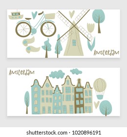 Amsterdam vector design with houses, windmill, tulip and hot air balloon