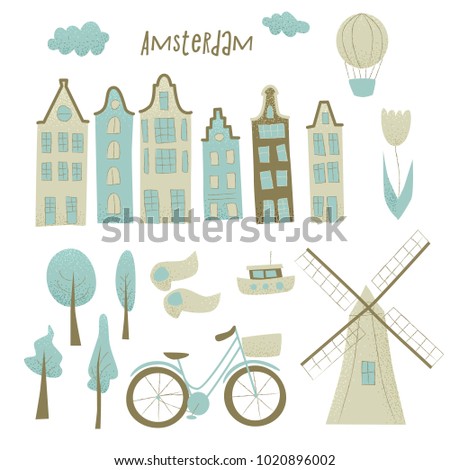 Amsterdam vector design with houses, windmill, tulip and hot air balloon