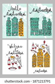 Amsterdamer Vektorgrafik-Set. Konzept für Reisen und Tourismus. Reiseplakat, Postkarte
